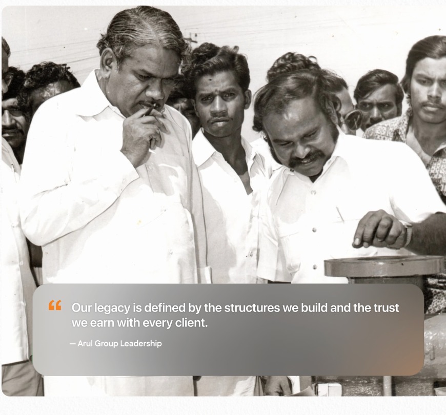 Arul Group founders with quote — Our legacy is defined by the structures we build and the trust we earn with every client.